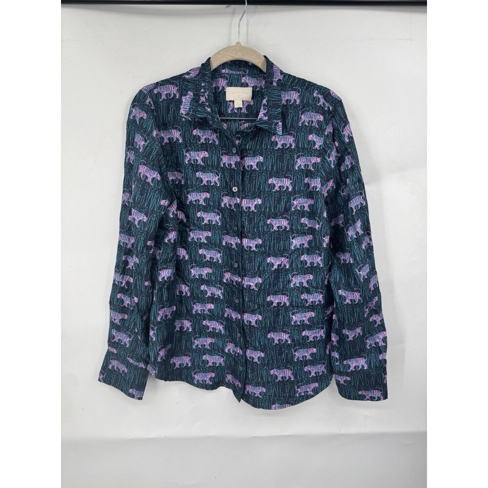 J. Crew Collection Tiger Print 100% Silk Blouse Women 8 Navy Pink Button Front - Picture 2 of 8